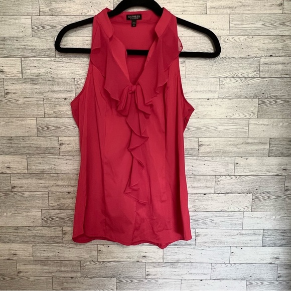 Express Elite Stretch Red Sleeveless  Ladies Jabot Top with Sheer Front Ruffle - Picture 7 of 13